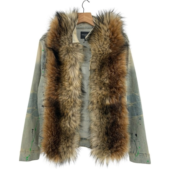 Rockstar Original Fur Trim Denim Paint Splatter Hooded Jean Jacket L - Picture 1 of 16